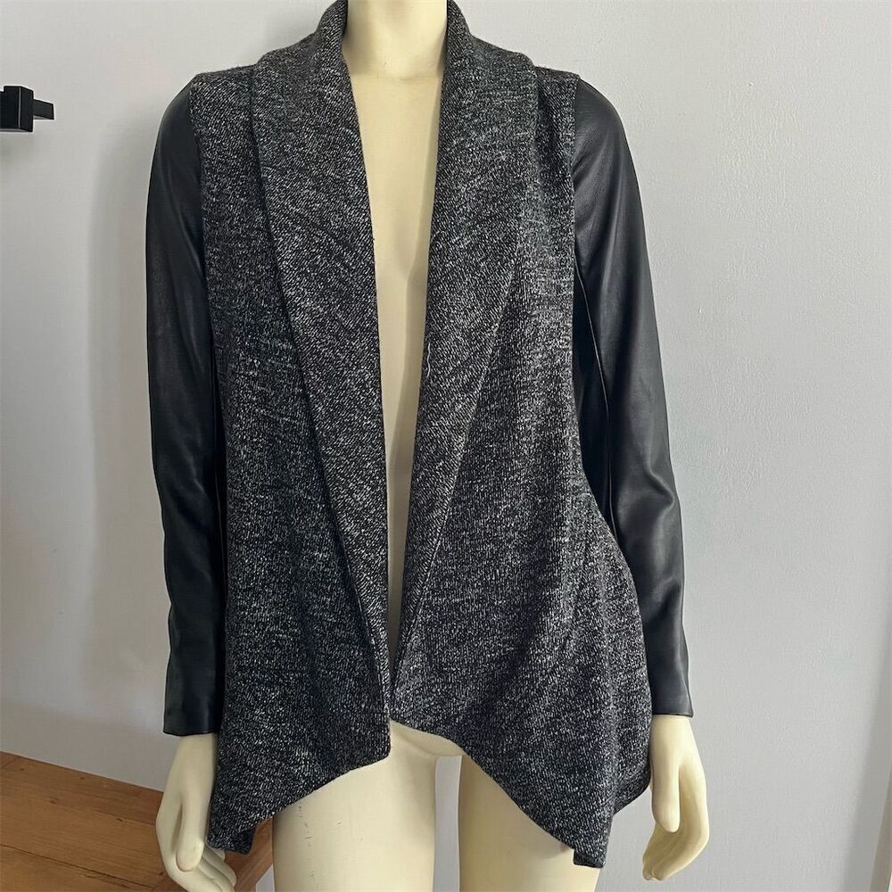 Theory Women's Wool Blend Knit Cardigan Jacket Faux Leather Sleeves Black P Xs/S